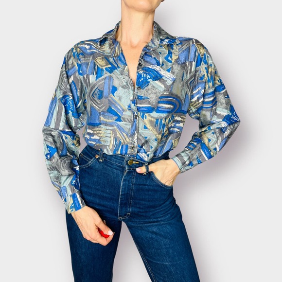 90s S.I.N.Y. Blue‎ Aqua Gray Abstract Print Silk Shirt - Picture 7 of 9